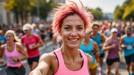 Young woman marathon runner wearing pink outfit is taking selfie while running in charity race for breast cancer awareness on the street in the city