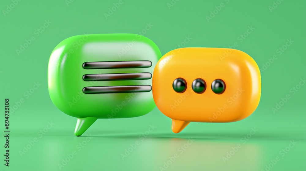Poster Colorful speech bubbles in green and yellow. Chat and communication icons symbolizing dialogue and interactions in a modern design style. Digital conversation elements representing messaging