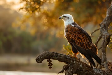 African fish eagle perched on branch overlooking water at sunset
