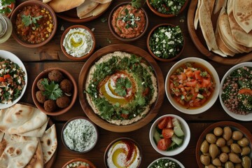 Variety of middle eastern dishes and snacks displayed on rustic wooden table