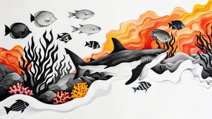 Ink drawing of a mystical underwater scene, with exotic sea creatures and vibrant coral reefs