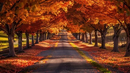 Naklejka premium Autumnal Road lined with Maple Trees