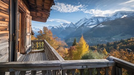 Balcony view from wooden and old chalet in the alps