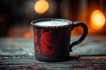 Coffee cup. Red cup with milk stained with coffee stains on a wooden table