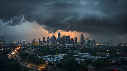 Nighttime city skyline with glittering lights as a thunderstorm approaches in the distance.