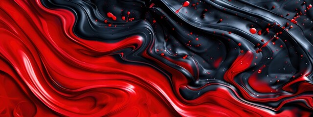 A red and black abstract painting with splatters of red paint. The painting has a bold and dynamic feel, with the red and black colors creating a striking contrast