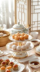 Delicious, fresh Dim Sum, beautiful serving, exquisite decor, light interior, staged professional photography, food photography