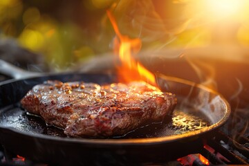 Grilled steak with charred marks on a cast iron skillet.