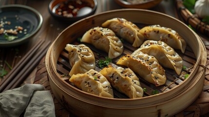 Delicious, fresh Jiaozi, beautiful serving, exquisite decor, light interior, staged professional photography, food photography
