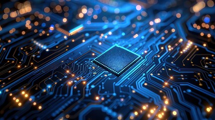 Close-up of a glowing blue computer circuit board showcasing intricate pathways and central microchip. High-tech electronics concept.