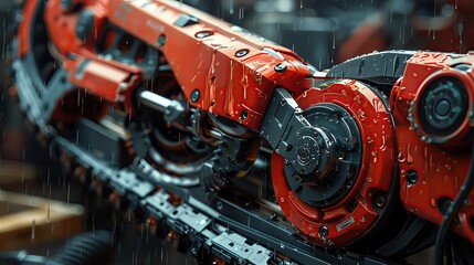 Detailed close-up of industrial machinery in a workshop setting, showcasing the intricate mechanics and components under rainy conditions.