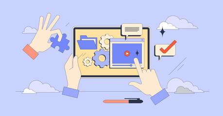 Interactive learning and study using online school services website tiny person neubrutalism concept. Digital education as distant and effective approach for knowledge course vector illustration.