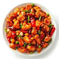 Delicious, fresh Kung Pao Chicken, beautiful serving, isolated on white background, staged professional photography, food photography