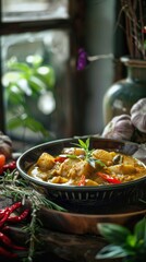 Delicious, fresh Massaman Curry, beautiful serving, exquisite decor, light interior, staged professional photography, food photography