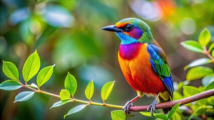 Fototapeta premium Colorful bird perched on a branch surrounded by leaves, with contrasting outline , bird,colorful, branch, leaves, contrast