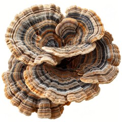 Close-up of a beautiful Turkey Tail mushroom, displaying intricate layers and earthy shades, highlighting the unique patterns of this fungus.