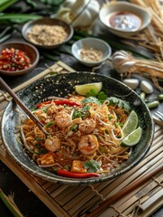 Delicious, fresh Pad Thai, beautiful serving, exquisite decor, light interior, staged professional photography, food photography