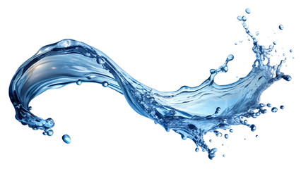 A wave of liquid water, a splash of a transparent blue stream, a vortex or spill, pouring water. Whirlpool of cold water or carbonated drink with a flow wave. Isolated on a transparent background.