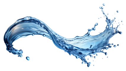 A wave of liquid water, a splash of a transparent blue stream, a vortex or spill, pouring water. Whirlpool of cold water or carbonated drink with a flow wave. Isolated on a transparent background.