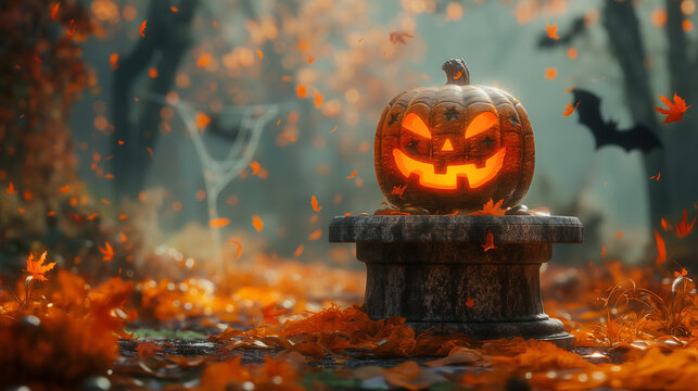 a carved pumpkin placed centrally on a stone pedestal. The pumpkin has a jovial face, emitting a soft glow from within. Surrounding the pumpkin are fallen orange leaves