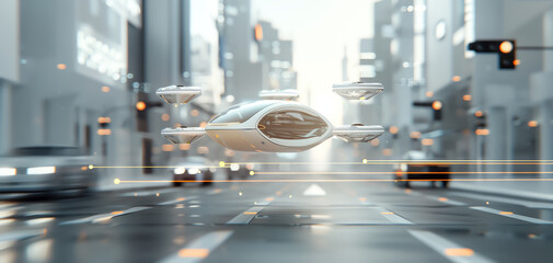 A futuristic cityscape with flying cars navigating through holographic traffic signals, envisioning the next era of urban mobility