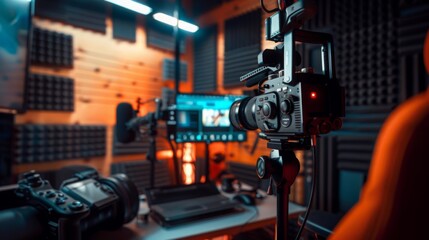 A professional video camera is mounted on a tripod and positioned in front of a computer monitor, with soundproofing panels and lighting equipment visible in the background.
