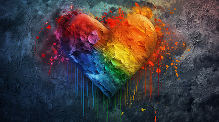 Fototapeta premium heart shape made up of colorful splatters and drips. The heart is outlined by a white line and is set against a dark, textured background. The colors within the heart transition from red at the top