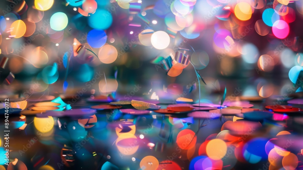Poster colorful confetti falls on a reflective surface creating a bed of bokeh lights.