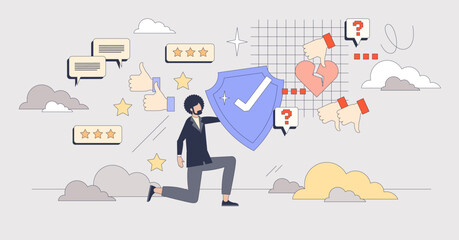 Reputation management with PR service tiny person neubrutalism concept. Feedback and satisfaction organization with good positive reviews highlighting and hiding negative opinions vector illustration