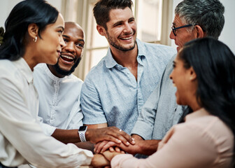 Business people, group and hands stack in circle for meeting at startup, solidarity and motivation. Teamwork, men and woman with diversity, scrum and support for goals with cheers at creative agency
