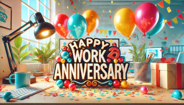 Office Celebration with Happy Work Anniversary Sign