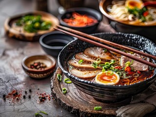 Delicious, fresh Ramen, beautiful serving, exquisite decor, light interior, staged professional photography, food photography