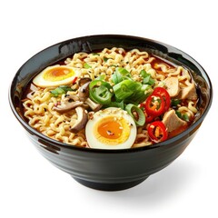 Delicious, fresh Ramen, beautiful serving, isolated on white background, staged professional photography, food photography
