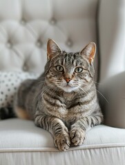 tabby cat sits on a white leather chair, light background. copyspace. portrait of a beautiful domestic cat
