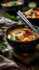Delicious, fresh Tom Kha, beautiful serving, exquisite decor, light interior, staged professional photography, food photography