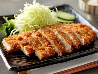 Delicious, fresh Tonkatsu, beautiful serving, exquisite decor, light interior, staged professional photography
