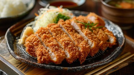 Delicious, fresh Tonkatsu, beautiful serving, exquisite decor, light interior, staged professional photography