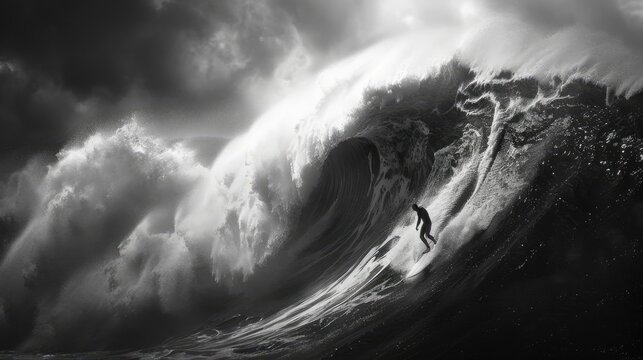Surfer riding a massive wave, showcasing bravery and skill