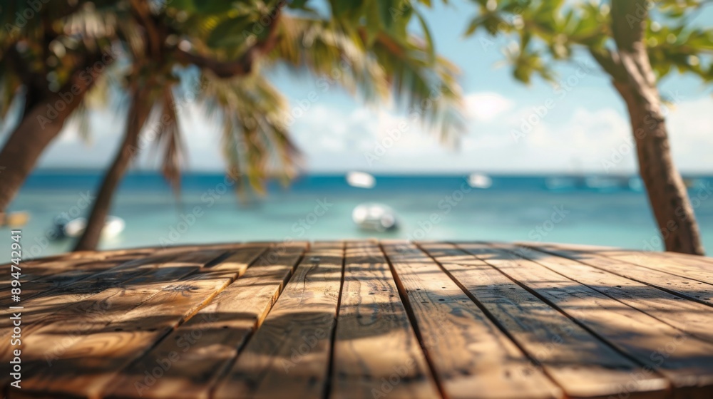 Poster a wooden table sits in front of a tropical beach scene, palm trees cast shadows on the tabletop, and
