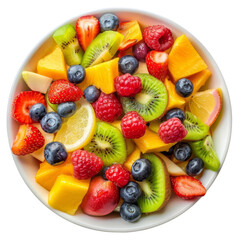 Obraz premium A vibrant bowl of mixed fresh fruits including strawberries, kiwis, raspberries, blueberries, and mango, perfect for a healthy snack or breakfast.