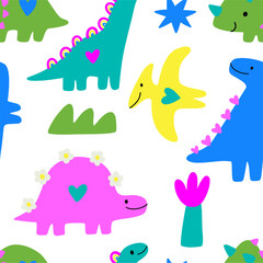 Fototapeta premium Cute dinosaur in cartoon style. Comic, simple form, trendy colors. Childish flat vector illustration. Dino seamless pattern