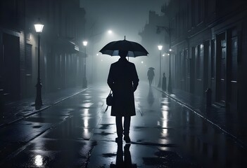 fantasy, a dark, foggy street at night with dim streetlights illuminating puddles of rain, a silhouette of a person walking with an umbrella, the ground reflecting the light