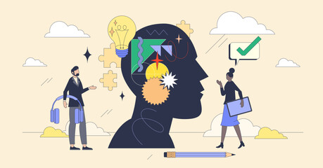 Neurodiversity as brain thinking differences tiny person neubrutalism concept. Unique neurological characteristics with individuality awareness and different thoughts perception vector illustration.