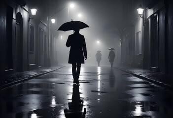 fantasy, a dark, foggy street at night with dim streetlights illuminating puddles of rain, a silhouette of a person walking with an umbrella, the ground reflecting the light