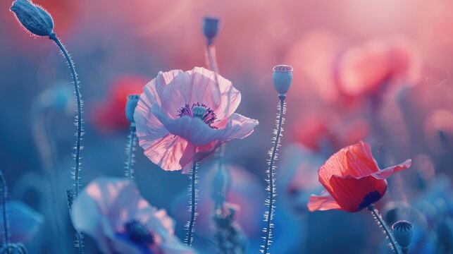 Poppies in field with shallow depth of field trendy blue shades