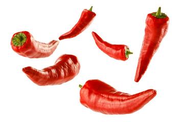 Red chilli peppers cut out isolated on white background. Vegetable food for montage.