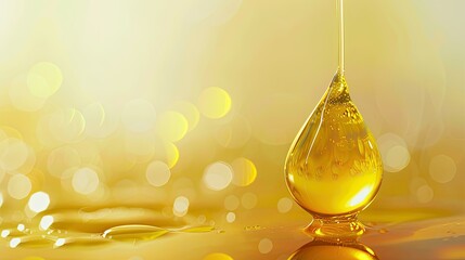 Closeup of a single yellow olive oil drop, glistening against a soft background.