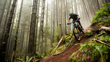 Mountain Biking Adventure: An action shot of a mountain biker navigating a rugged trail through a dense forest. The image should capture the thrill and intensity of the ride, with the biker in mid-air