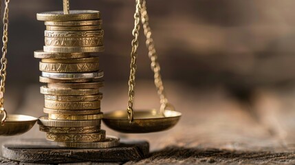 Coins stacked next to a balance scale, representing the equilibrium of wealth and fairness.