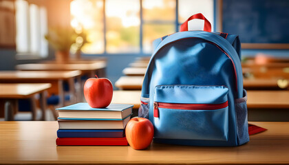 bag on the table.a backpack, apple, and school supplies on a wooden desk top, with a clear yet subtly blurred classroom background. Emphasize the neatness and readiness for the new school year